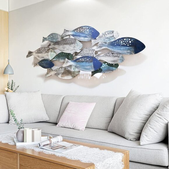 Unique Nautical 3D Fish Wall Art, Hand Painted 50" x 20" Metal Sculpture - Picture 1 of 8